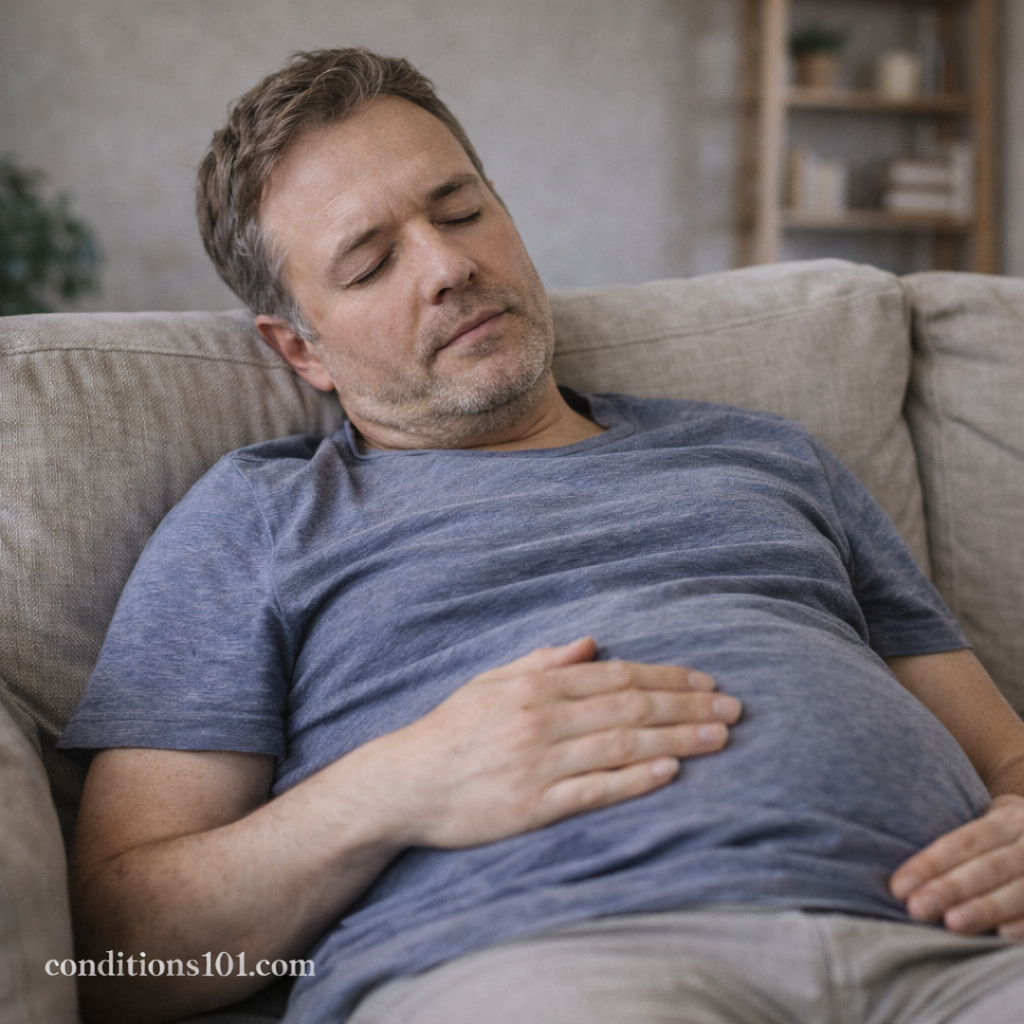 Adult man resting on a couch with a visibly rounded abdomen in a calm home setting, representing abdominal distension in daily life.