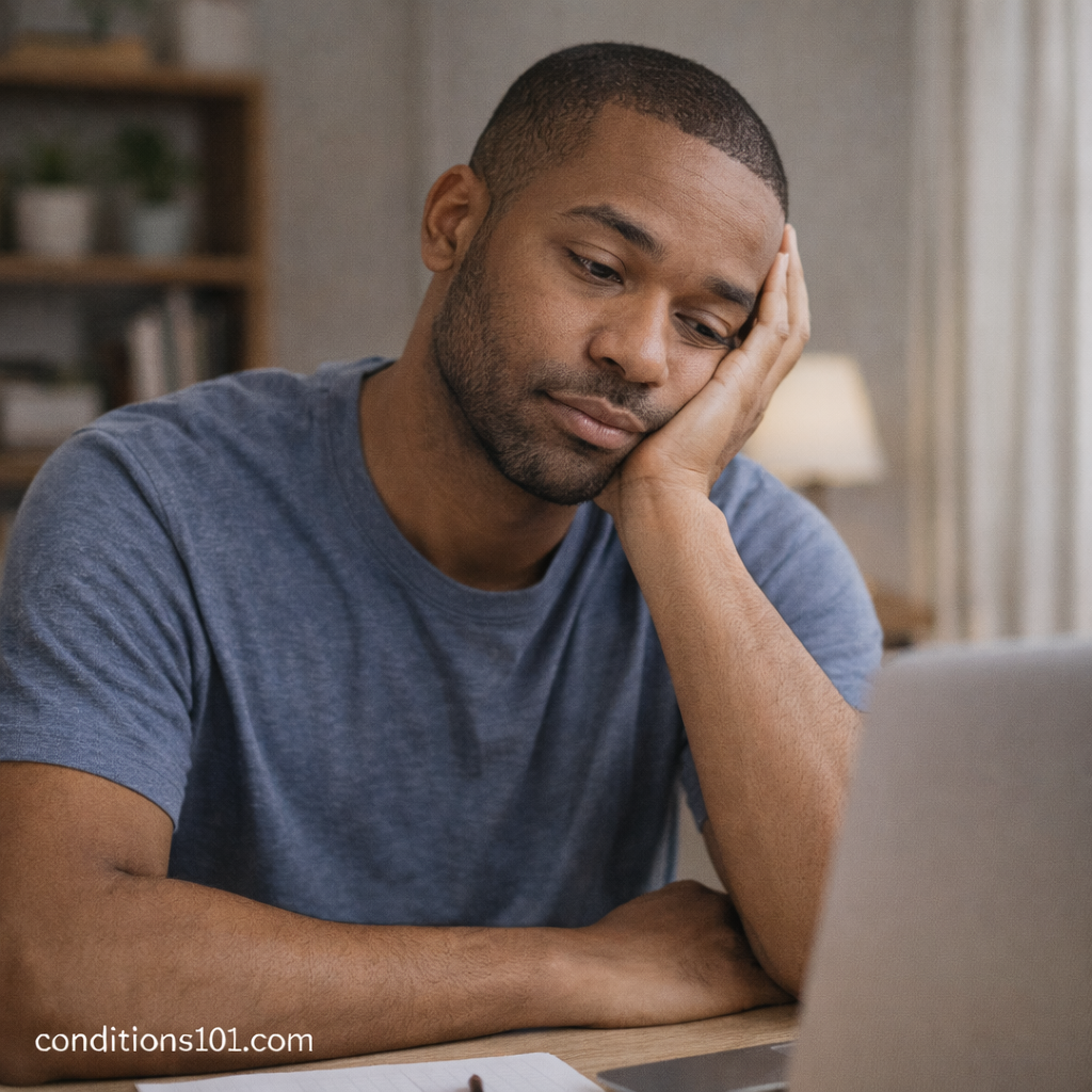 Adult man resting thoughtfully at a desk in a calm home workspace, representing everyday experiences related to abdominal pain in an educational article.