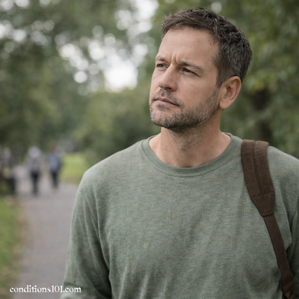 An adult man walking through a park with a thoughtful expression, representing how acquired conditions develop over time during everyday life.
