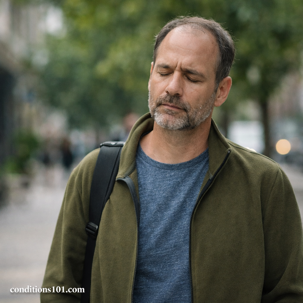 Adult man walking outdoors in a calm everyday setting, reflecting during daily activity in an educational article about acute conditions.