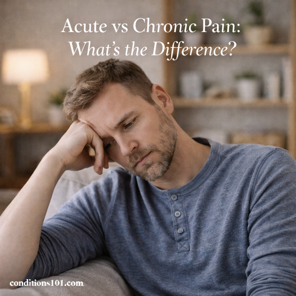 Adult man sitting thoughtfully on a couch in a calm living room, representing an educational comparison of acute versus chronic pain.