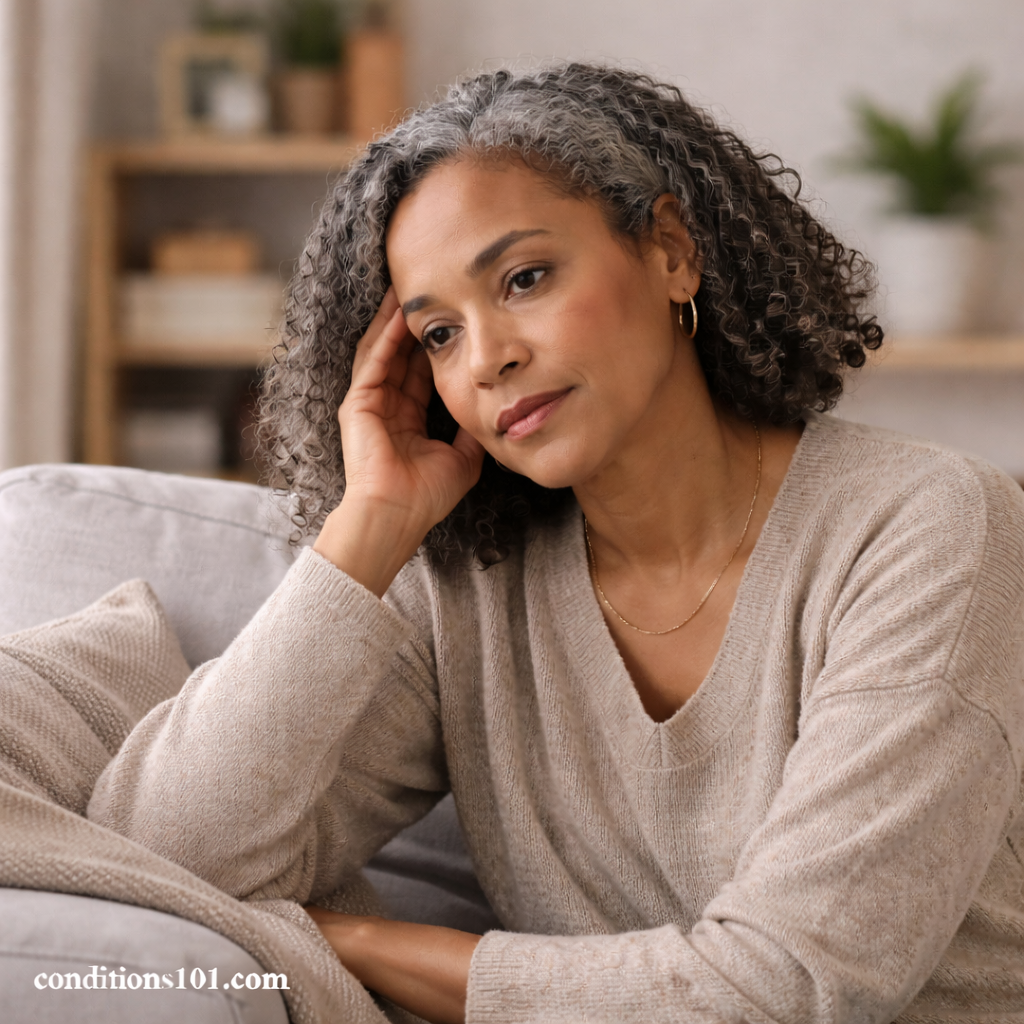Middle-aged woman sitting thoughtfully on a couch in a calm living room, reflecting during an educational comparison of acute and chronic pain.