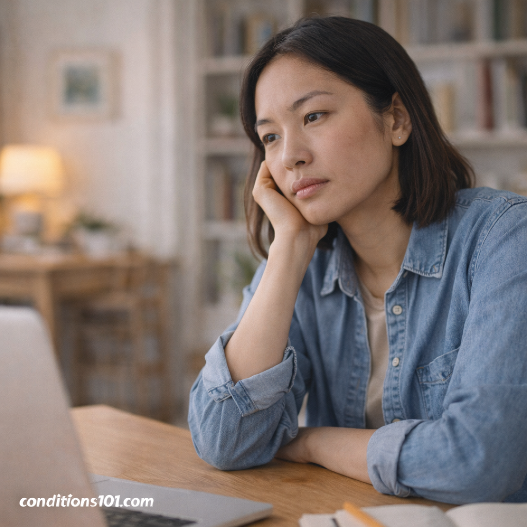 Adult woman sitting at a home office desk with a thoughtful expression, representing everyday focus and attention challenges related to ADHD.