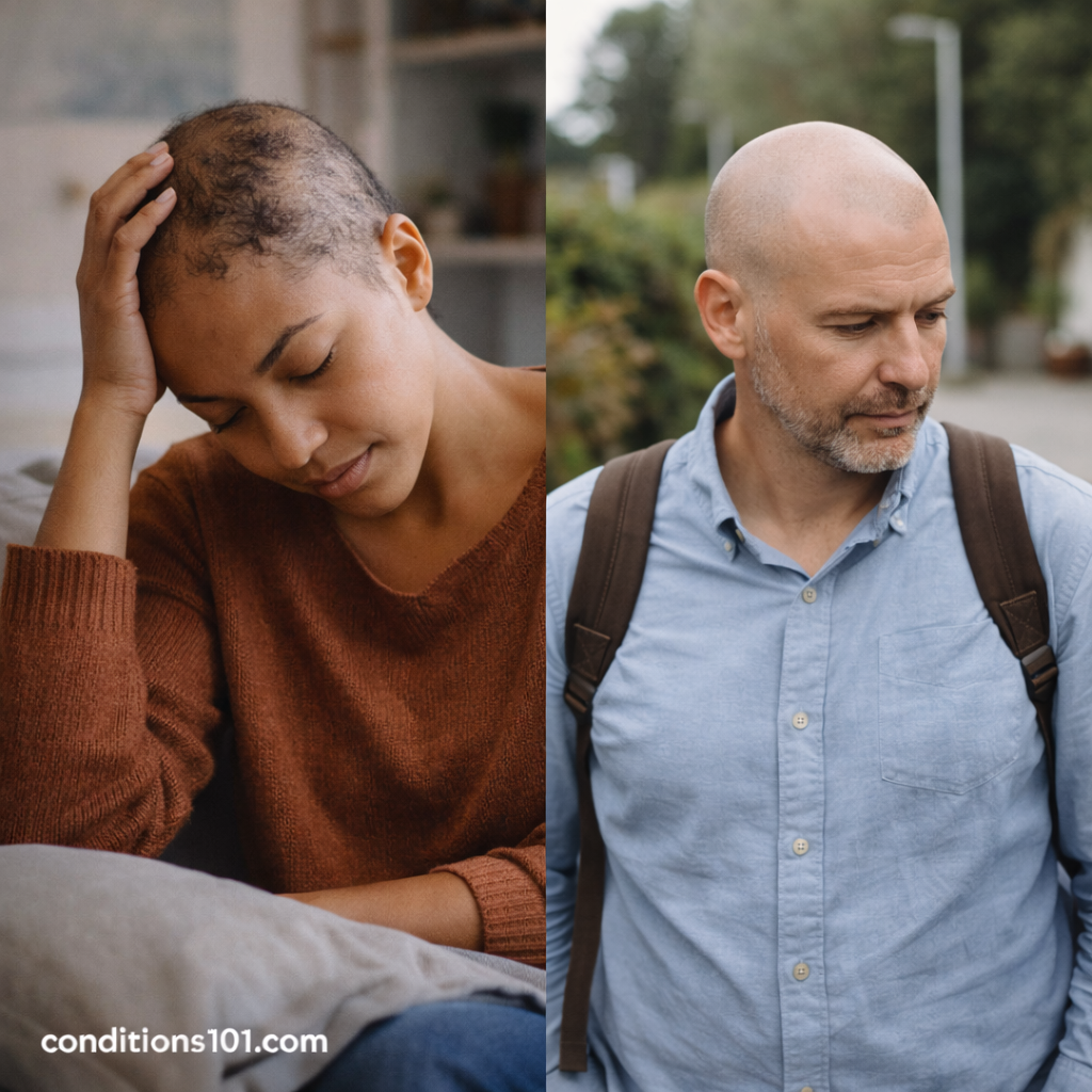 Adults with hair loss in calm everyday settings representing an educational overview of alopecia and its impact on appearance.