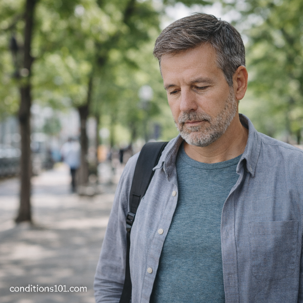 Middle-aged man walking thoughtfully in a tree-lined park, representing everyday reflection related to age-related hormonal changes in an educational article.