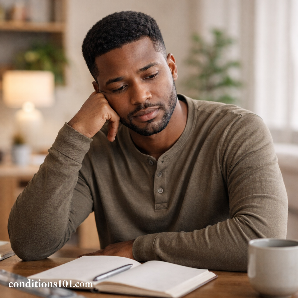Adult man sitting at a desk in a quiet home setting, reflecting during daily activities in an educational context related to anhedonia.