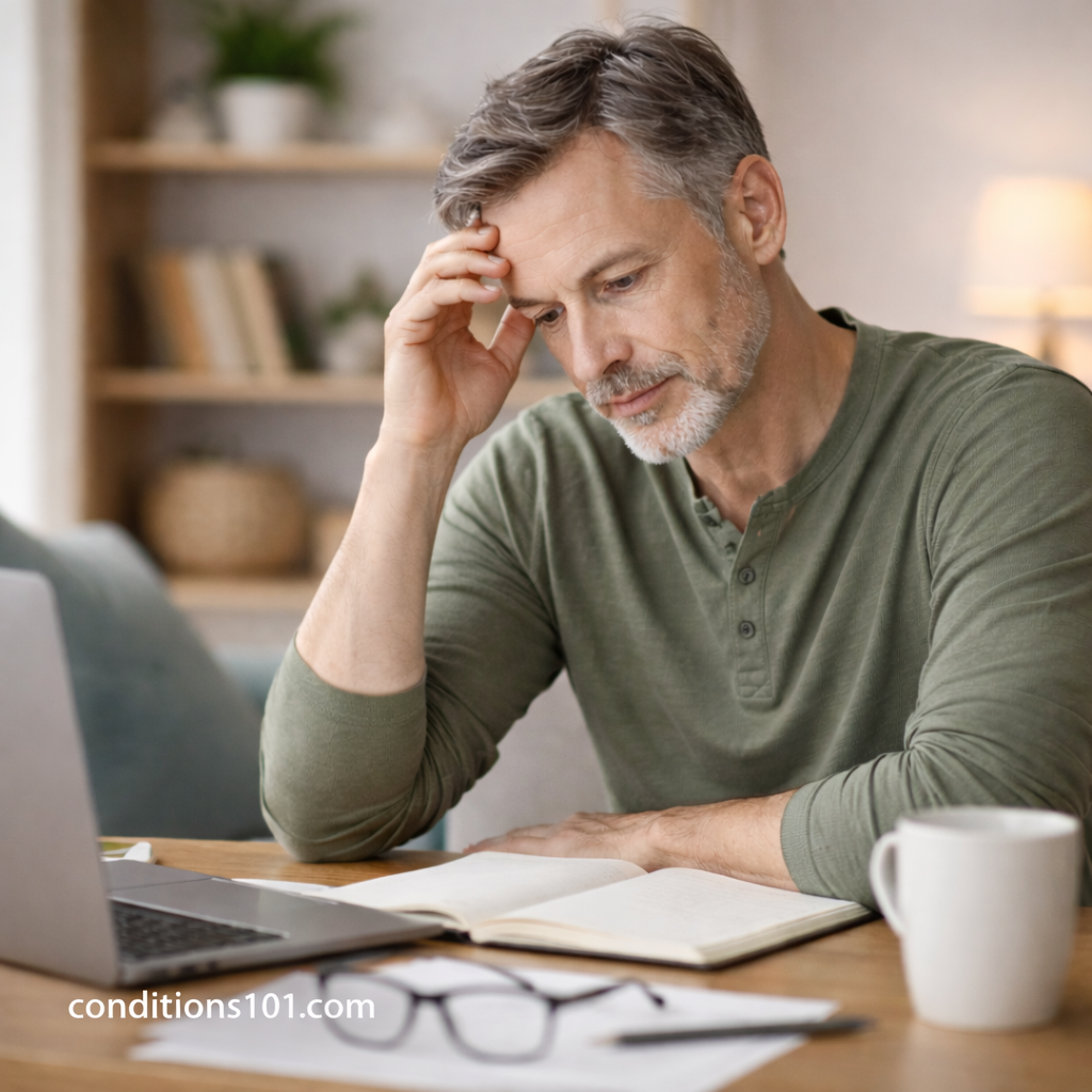 Middle-aged man sitting at a home desk in a quiet moment of focus for an educational article about anxiety.