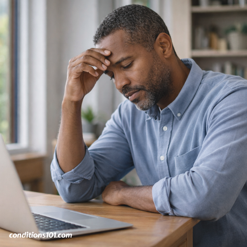 Adult man sitting at a desk in a calm workspace with a thoughtful expression, representing everyday physical sensations associated with anxiety.
