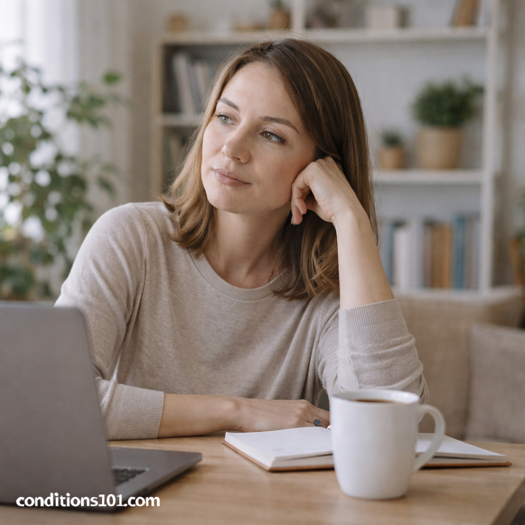 Adult woman sitting at a desk with a laptop and notebook, appearing thoughtful in a calm home office, representing everyday experiences related to anxiety and panic.