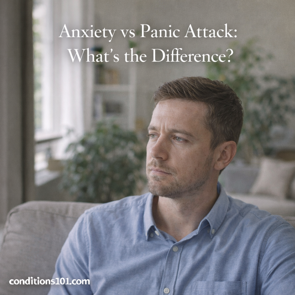Adult man sitting thoughtfully in a living room, representing an educational comparison of anxiety versus panic attacks.