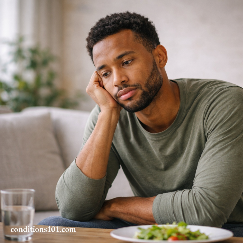A man sitting on a couch looking thoughtfully at a small meal and a glass of water in a calm living room.