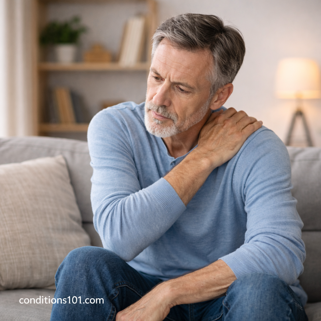 Middle-aged man resting on a couch during a quiet everyday moment in an educational article about arthritis.
