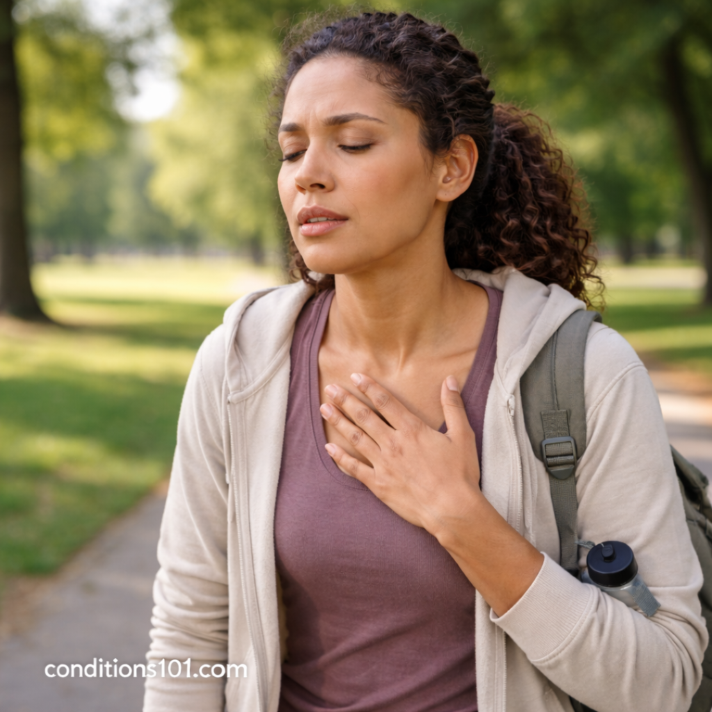 Adult woman pausing during a walk in a park with her hand resting on her chest in an educational article about asthma.