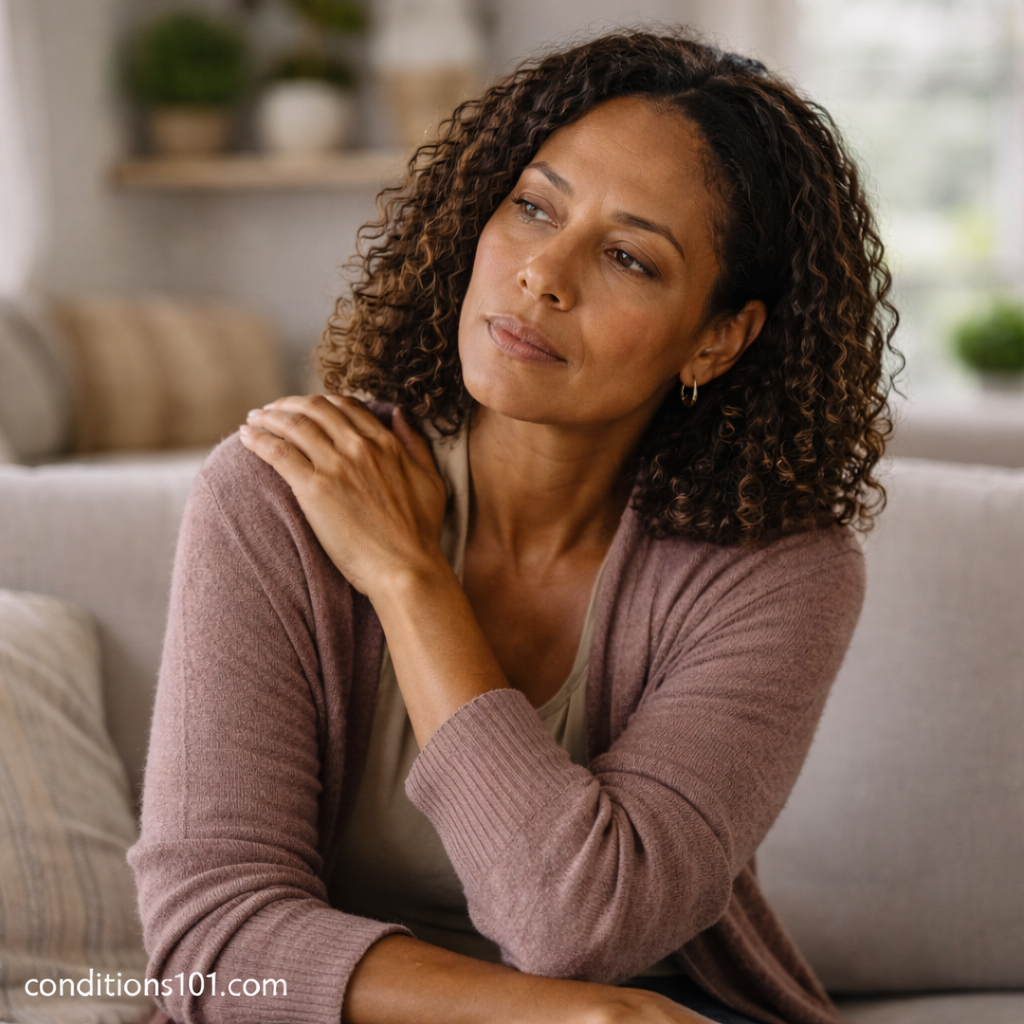 Adult woman sitting on a couch with a thoughtful expression in an everyday home setting, representing general awareness of autoimmune conditions.
