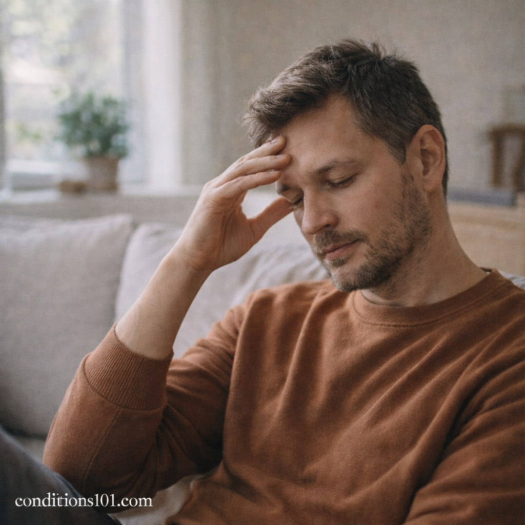Adult man sitting on a couch with eyes closed and hand resting on his forehead, representing everyday reflection related to autonomic dysfunction.