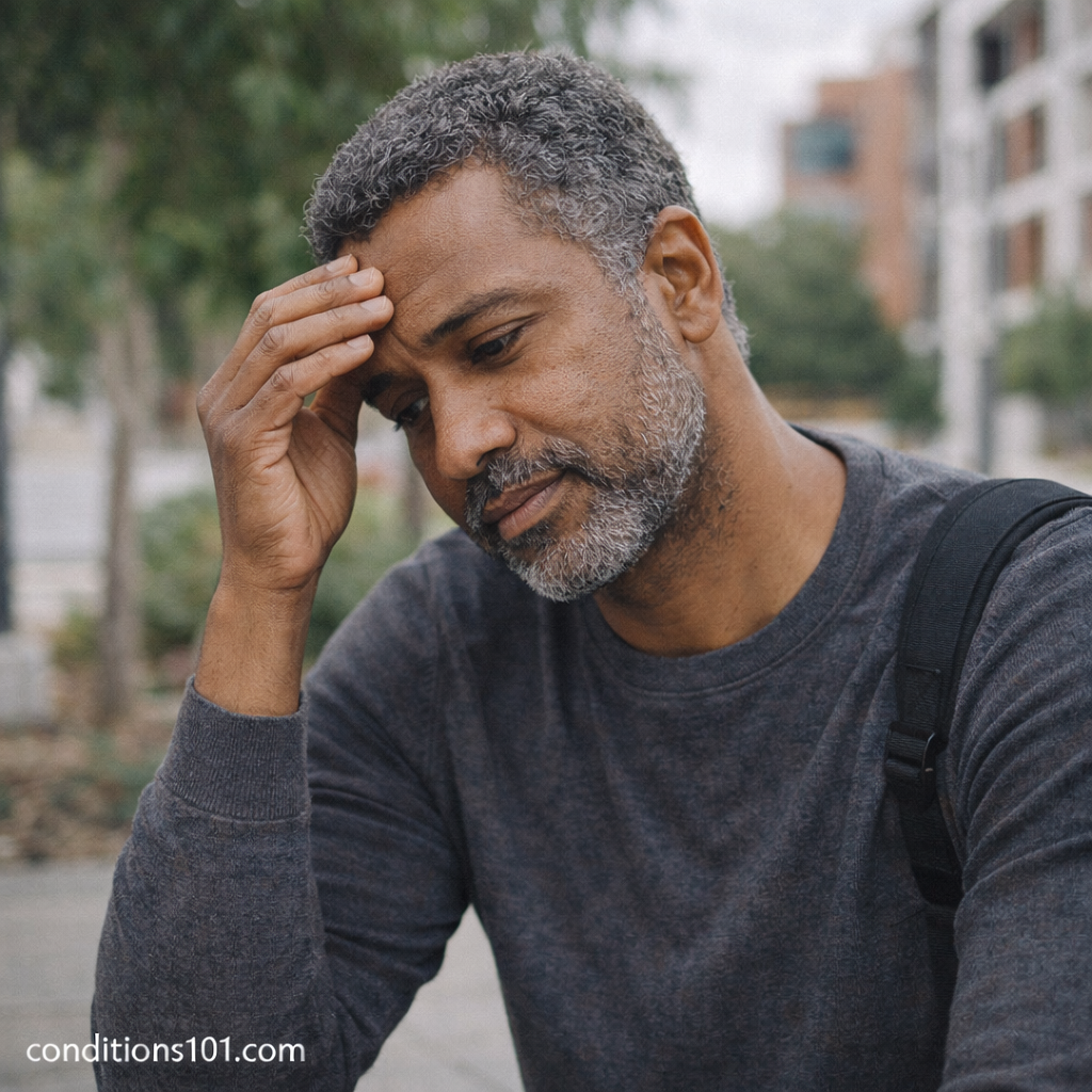 Adult man pausing outdoors with a thoughtful expression in an everyday setting, representing general balance and stability awareness.
