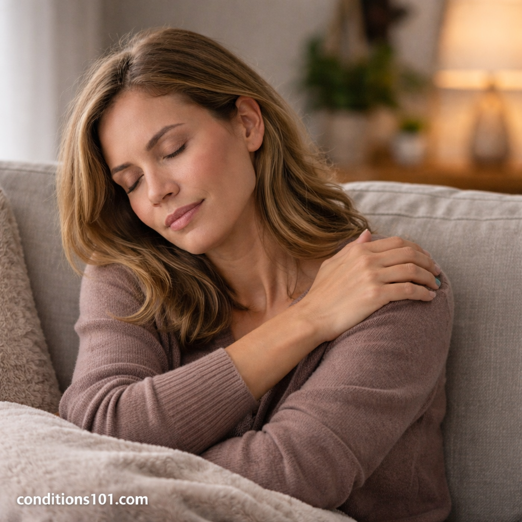Woman resting on a couch with eyes closed and hand on shoulder, representing everyday muscle awareness linked to benign fasciculation syndrome.