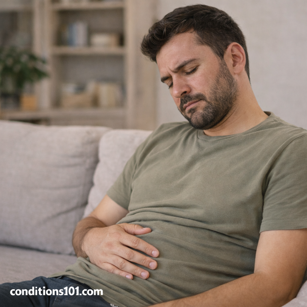 Adult man resting on a couch in a calm everyday setting, showing mild abdominal discomfort in an educational context about bloating.
