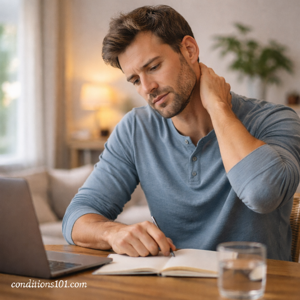 Adult man sitting at a table in a calm home setting, appearing thoughtful while working and reflecting on energy levels.