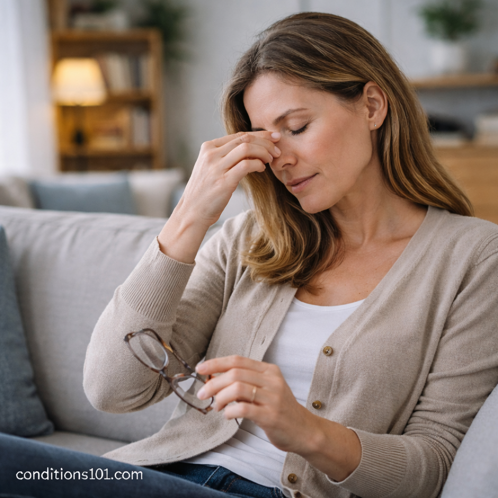 Adult woman sitting on a couch gently rubbing her eyes while holding glasses, representing everyday visual fatigue in an educational article about blurred vision.