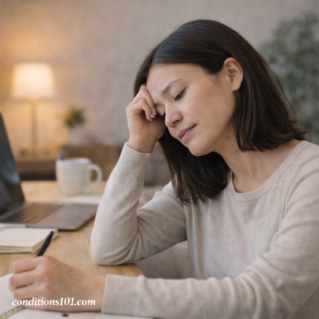 Adult woman working thoughtfully at a desk in a calm home setting, illustrating mental focus and everyday experiences related to brain fog and dizziness.