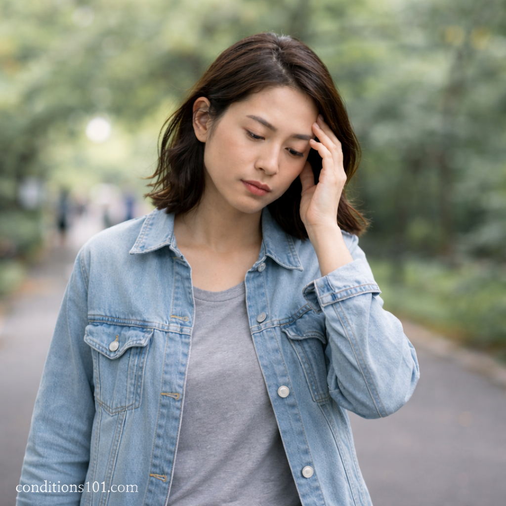 A young woman walking outdoors and gently touching her temple, representing a reflective everyday moment related to brain fog.