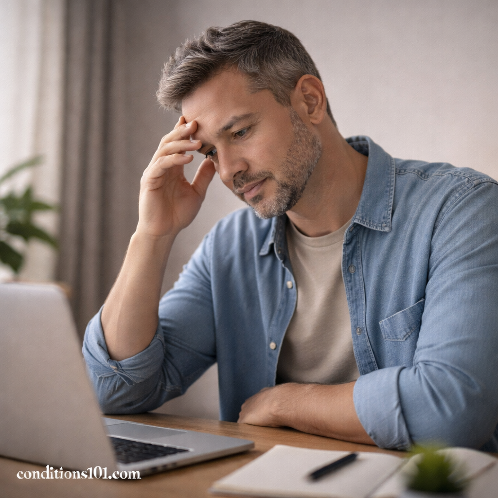 Adult man sitting at a desk with his hand on his temple, illustrating everyday mental focus and recall challenges.