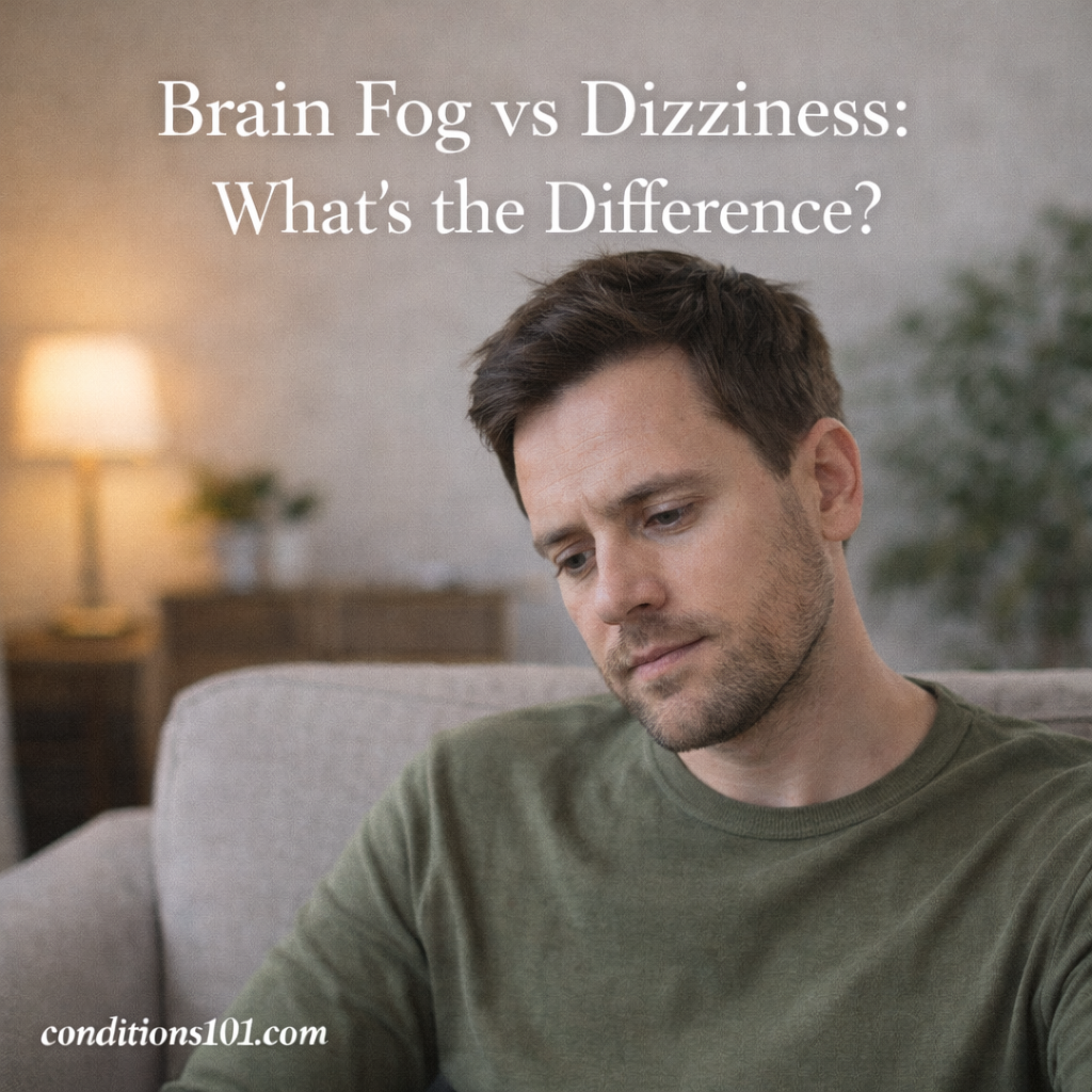 Adult man sitting thoughtfully in a calm living room setting, representing an educational comparison between brain fog and dizziness.