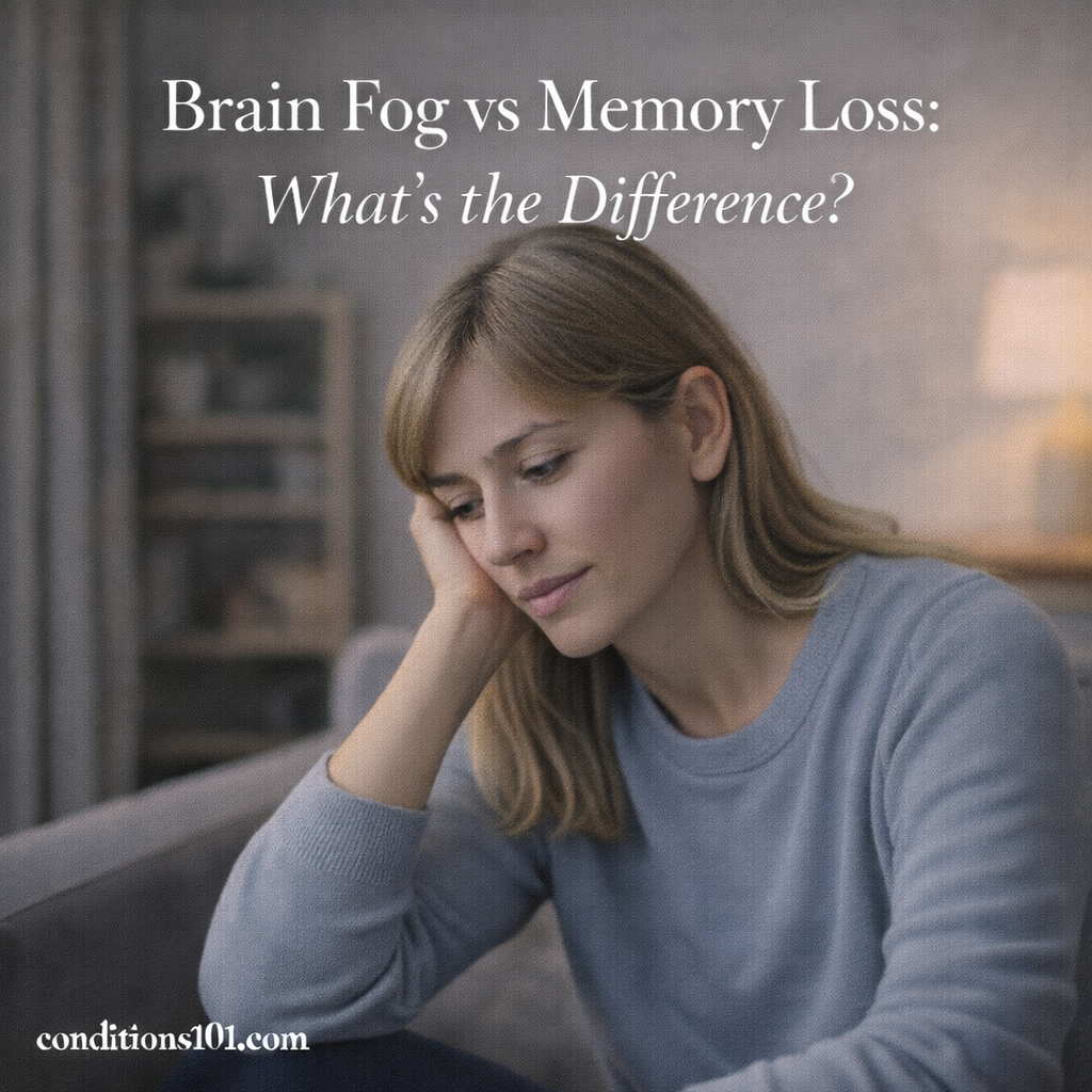 Adult woman sitting indoors with a thoughtful expression, representing an educational comparison between brain fog and memory loss.