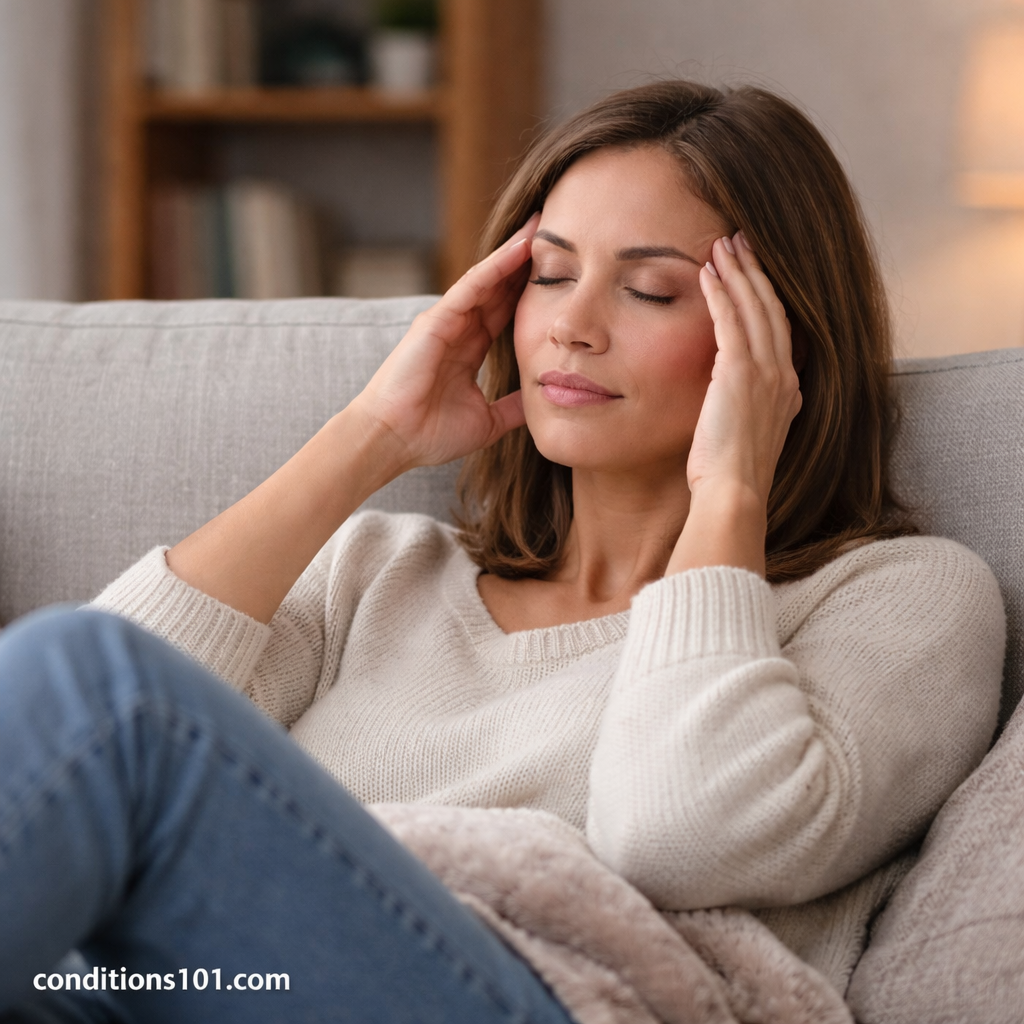 Woman resting on a couch with eyes closed in a calm living room, representing everyday mental sensitivity and thoughtful focus.