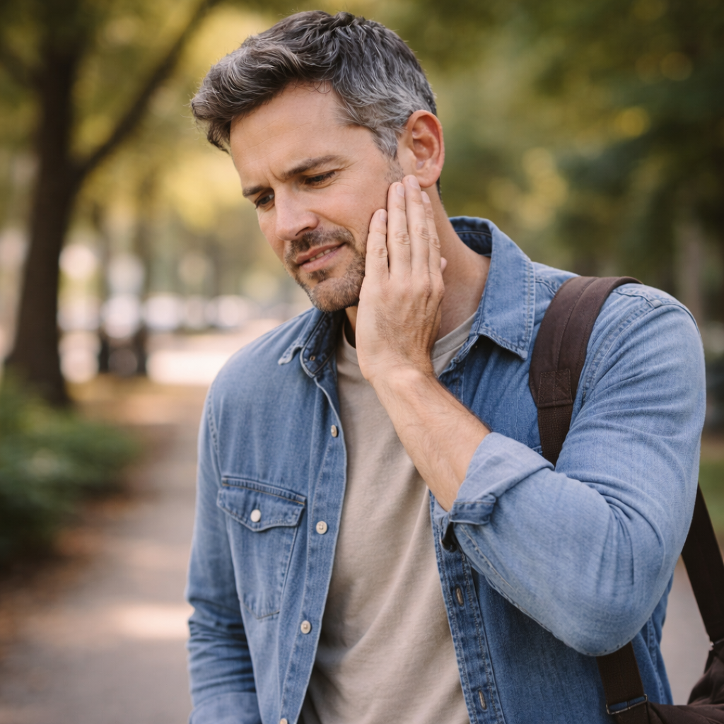 Adult man standing outdoors gently holding his jaw during a normal daily walk, representing an educational explanation of bruxism and jaw clenching.