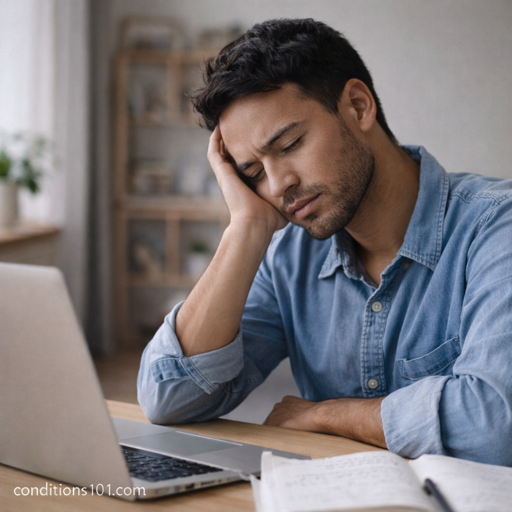 Adult man sitting at a desk with a tired, reflective expression in a calm home workspace, representing mental fatigue associated with burnout.