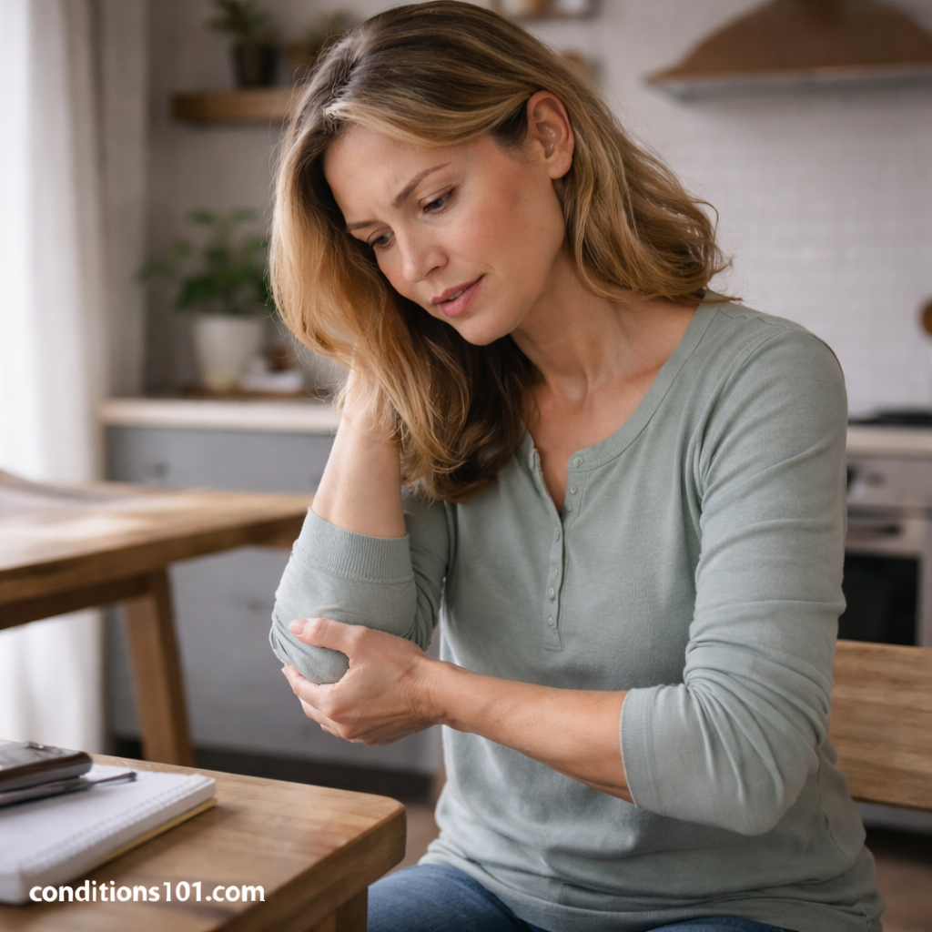Woman sitting at a kitchen counter gently holding her elbow, representing everyday joint discomfort associated with bursitis.