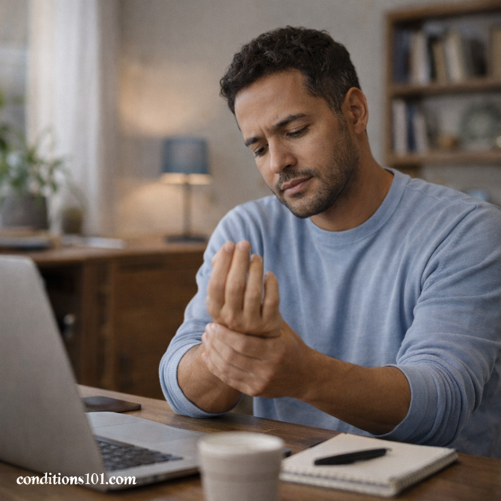 Adult man sitting at a home office desk while holding his wrist, showing a common everyday experience related to carpal tunnel syndrome.