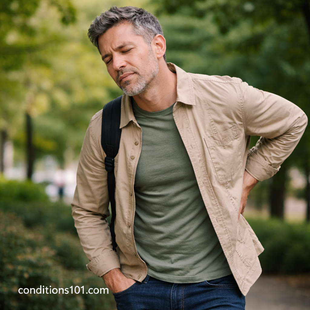 Adult man walking outdoors in a park and pausing with subtle lower back discomfort in an educational article about chronic back pain.