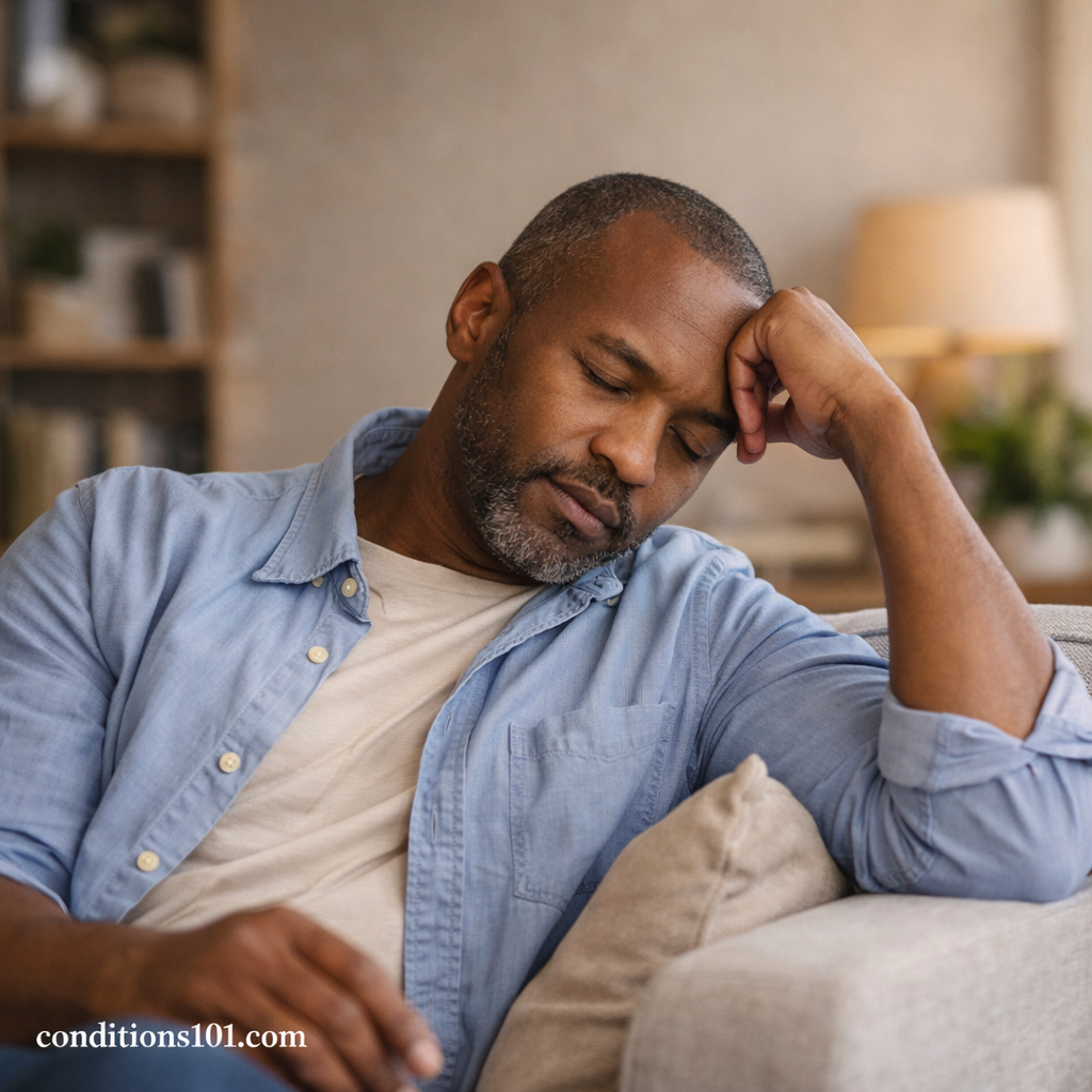 Adult man resting on a couch in a calm home setting, illustrating everyday life while living with a chronic condition.
