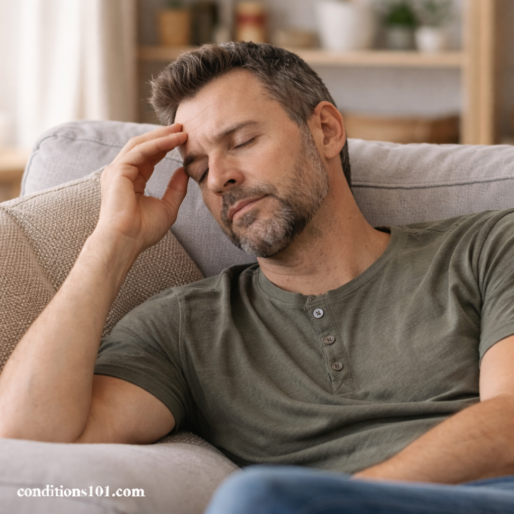 Middle-aged man resting on a couch with eyes closed in a calm living room setting for an educational article about chronic dizziness syndrome.