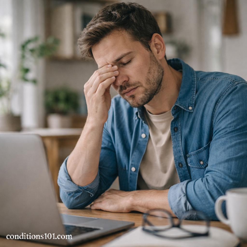 Adult person sitting at a home desk gently rubbing their eyes, representing everyday eye fatigue and chronic dry eyes in a non-clinical setting.