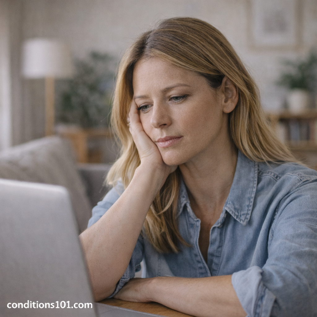 Adult woman working at a desk in a calm home setting, illustrating everyday awareness of chronic dry mouth.