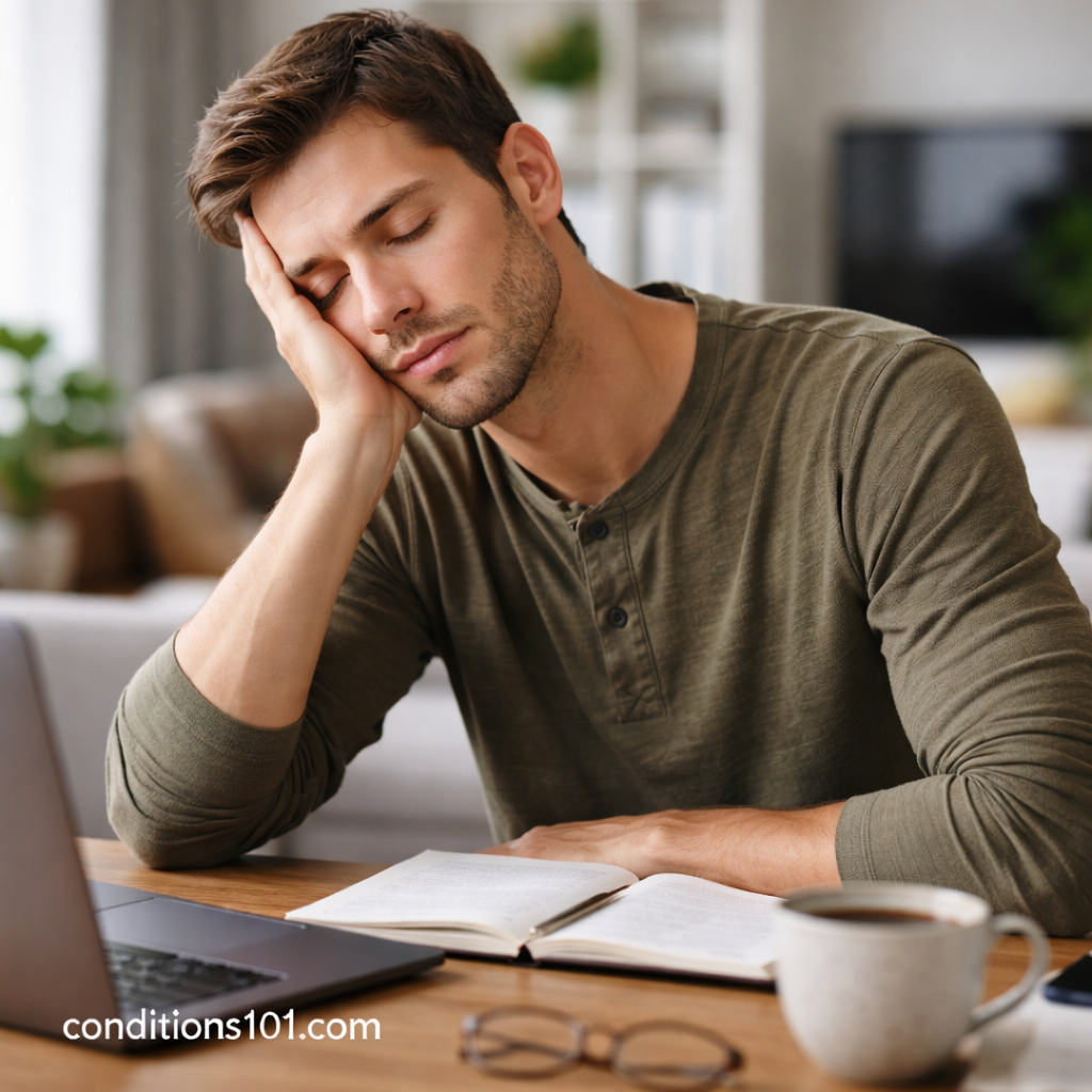 Adult man sitting at a desk resting his head in his hand during a quiet moment of daytime fatigue for an educational article about chronic fatigue.