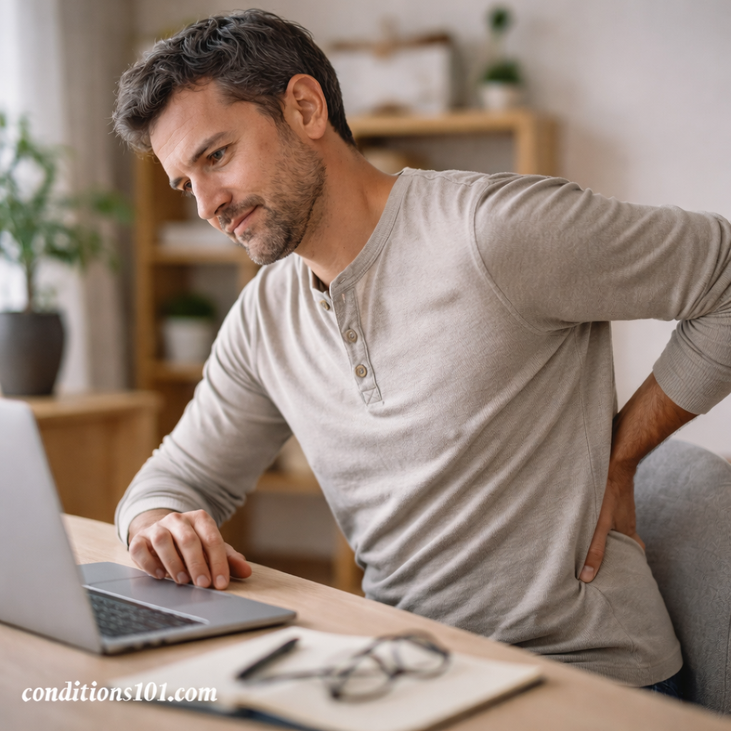 Adult man sitting at a desk while holding his lower back in a calm home office setting, representing everyday experiences of chronic inflammation pain.