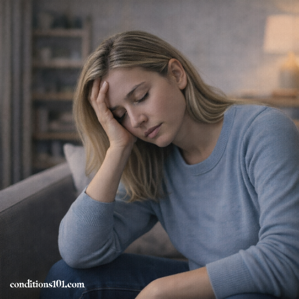 Adult woman resting her head on her hand while sitting on a couch, illustrating everyday experiences of chronic lightheadedness.