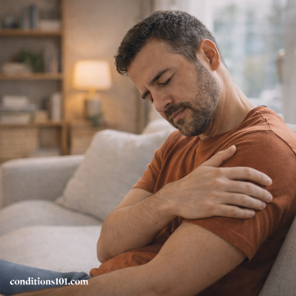 An adult man sitting on a couch while gently holding his arm, representing awareness of ongoing muscle twitching in daily life.