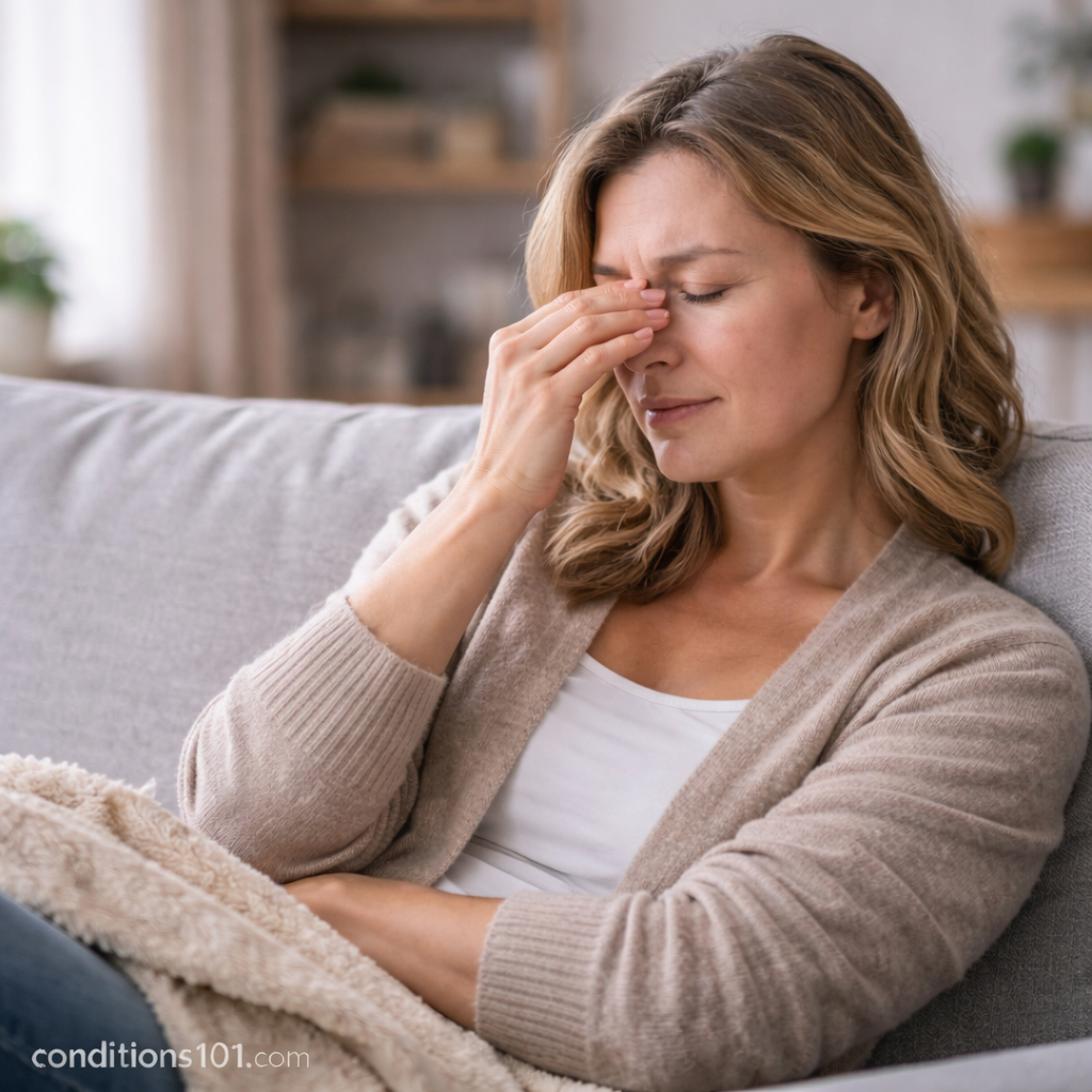 Adult woman resting on a couch gently holding her nose in a calm home setting, representing chronic nasal congestion in everyday life.