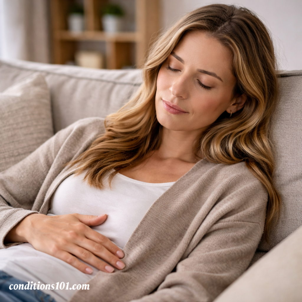 Adult woman resting on a couch with a calm expression, representing everyday experiences related to chronic nausea in an educational context.