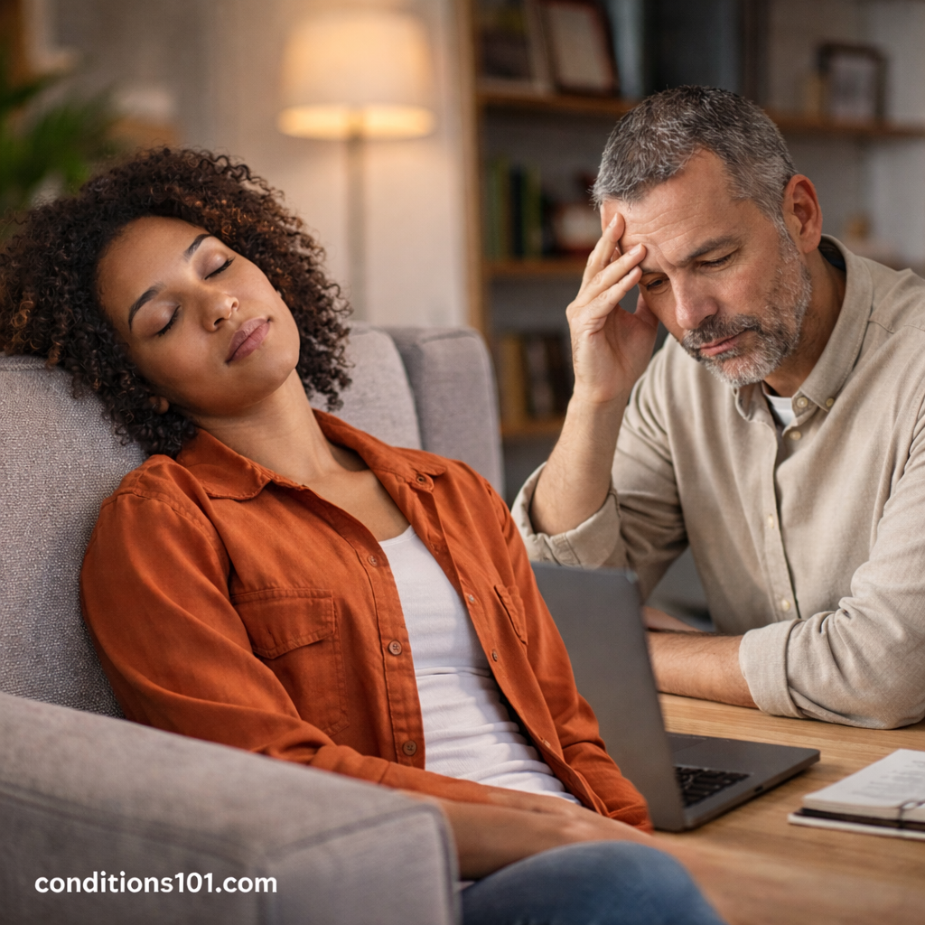 Adults resting and working at home in a calm everyday setting representing how chronic pain can affect daily life.