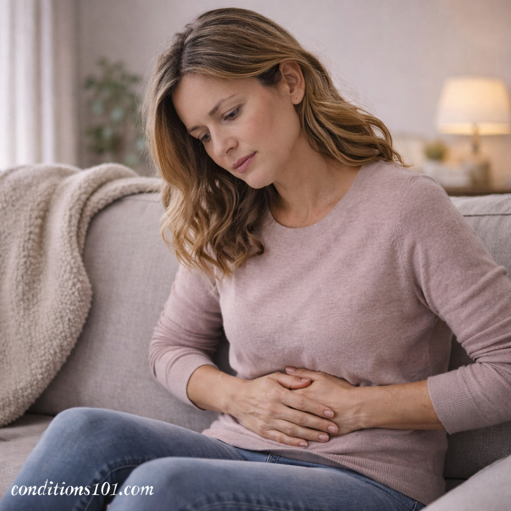 An adult woman sitting on a couch holding her lower abdomen during a quiet, reflective everyday moment.