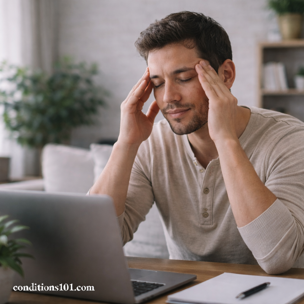 A man sitting at a desk gently pressing his temples, representing ongoing sinus pressure during daily activities.
