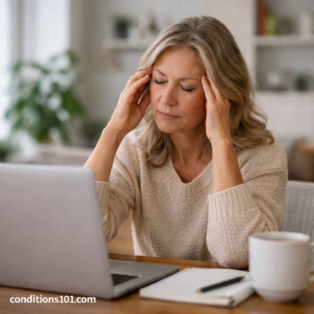 Adult woman sitting at a desk with a laptop and resting her head in her hand, showing a thoughtful and mildly tired expression in an everyday setting.