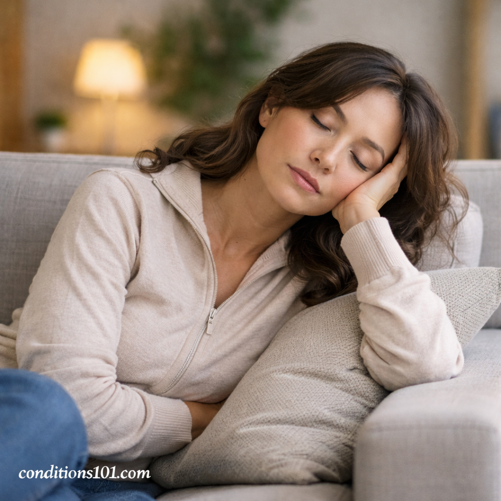 Adult woman resting on a couch in a calm home setting, showing quiet fatigue during an everyday moment related to chronic tiredness.